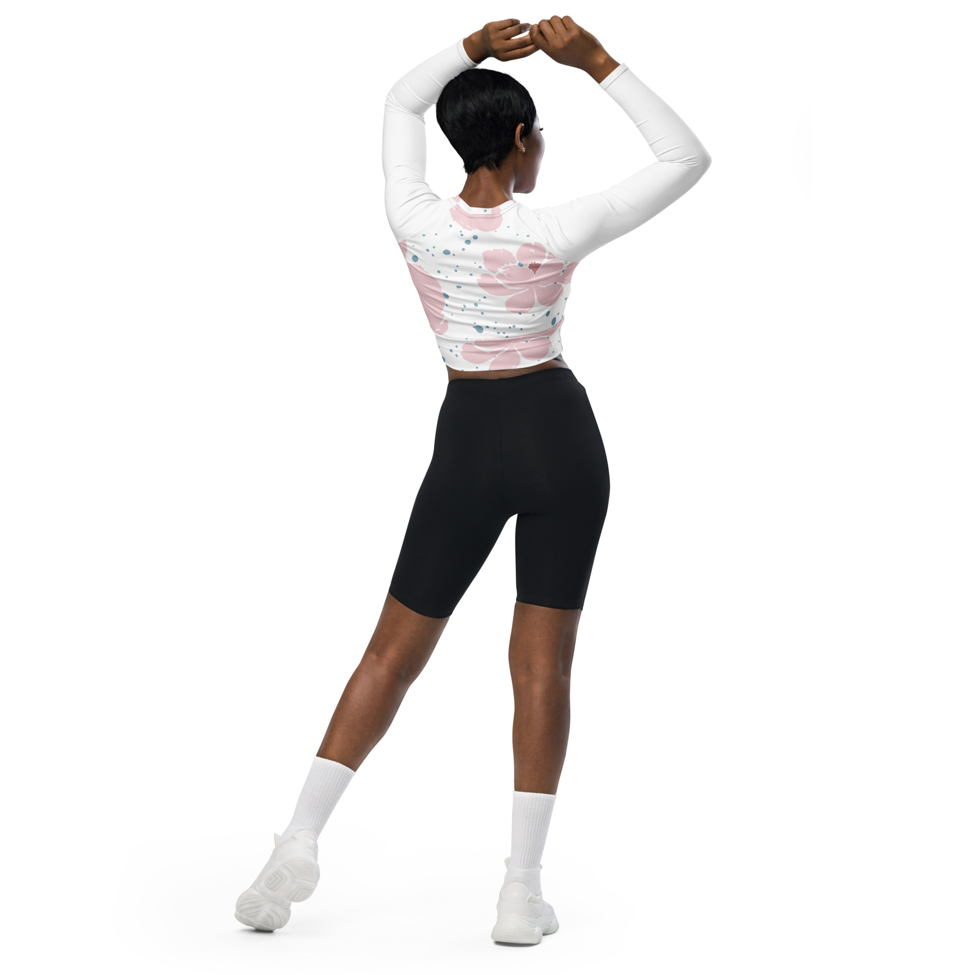 Pink White Floral Crop Top Long Sleeves - Image 5