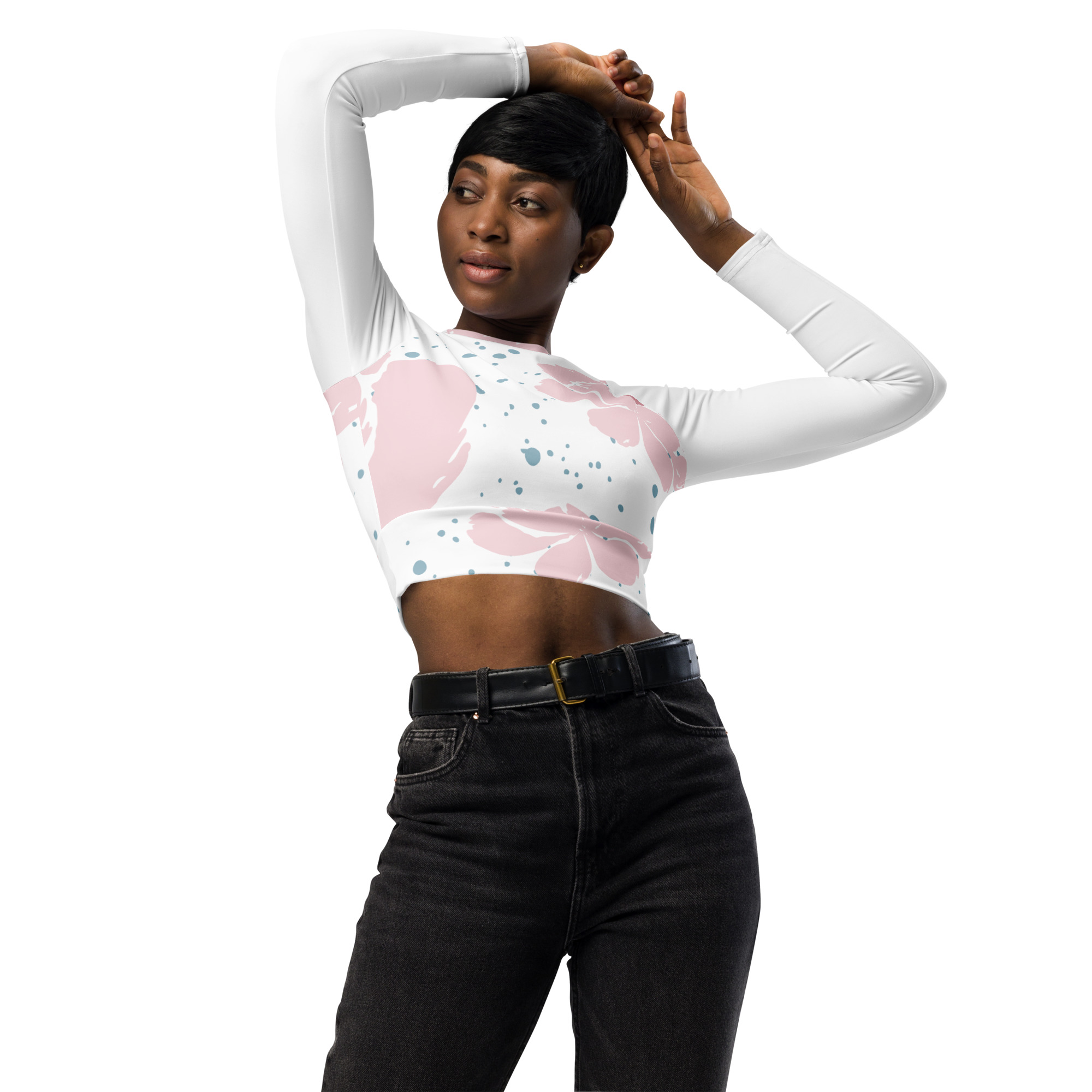 Pink White Floral Crop Top Long Sleeves - Image 4