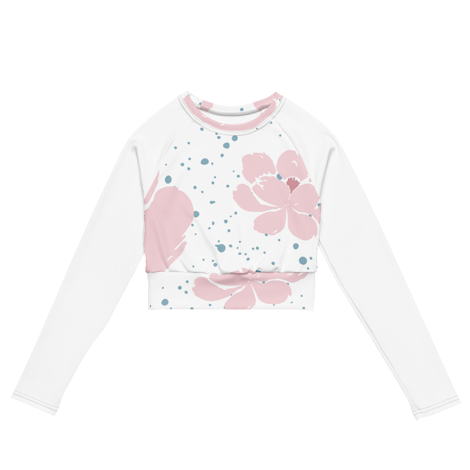 Pink White Floral Crop Top Long Sleeves