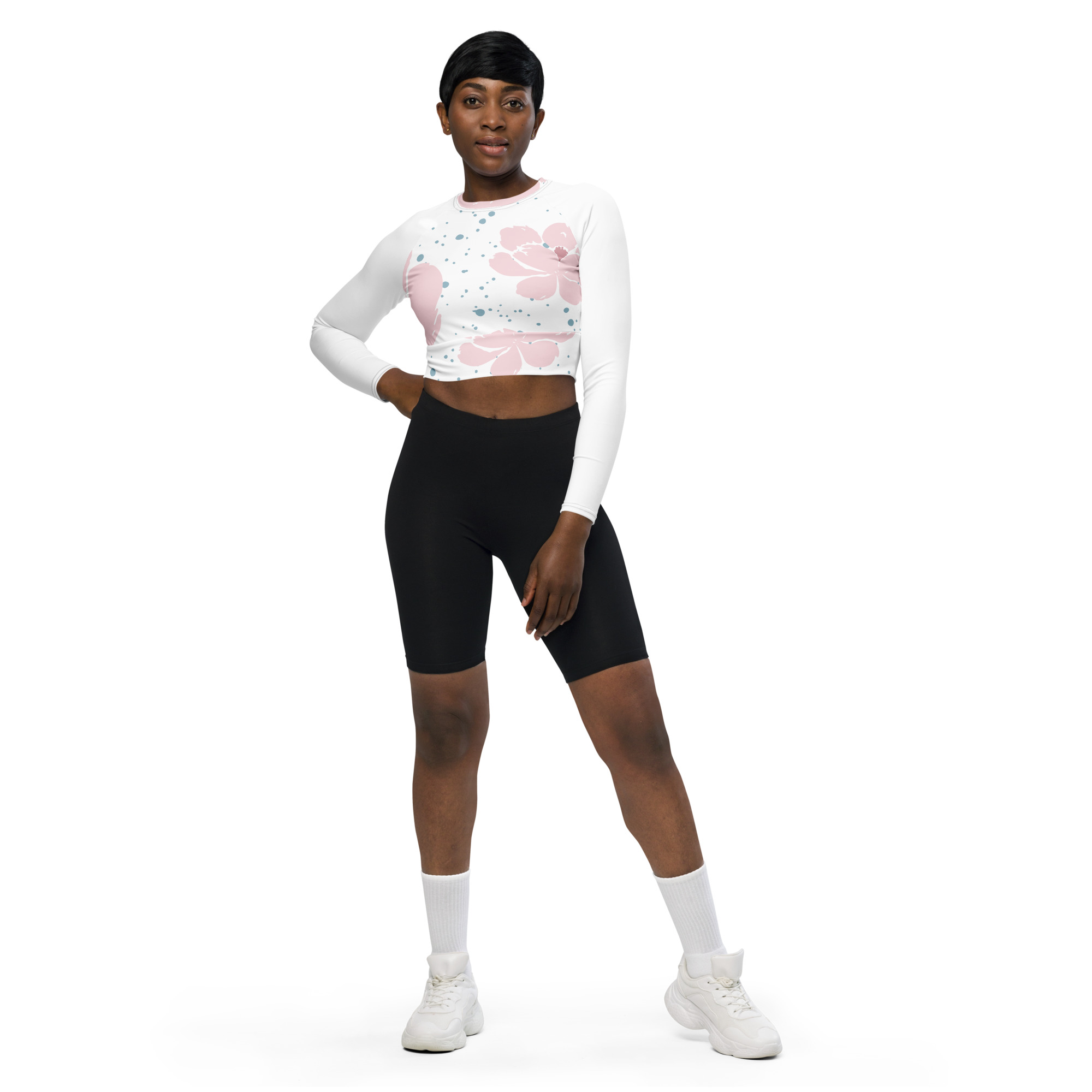 Pink White Floral Crop Top Long Sleeves - Image 3