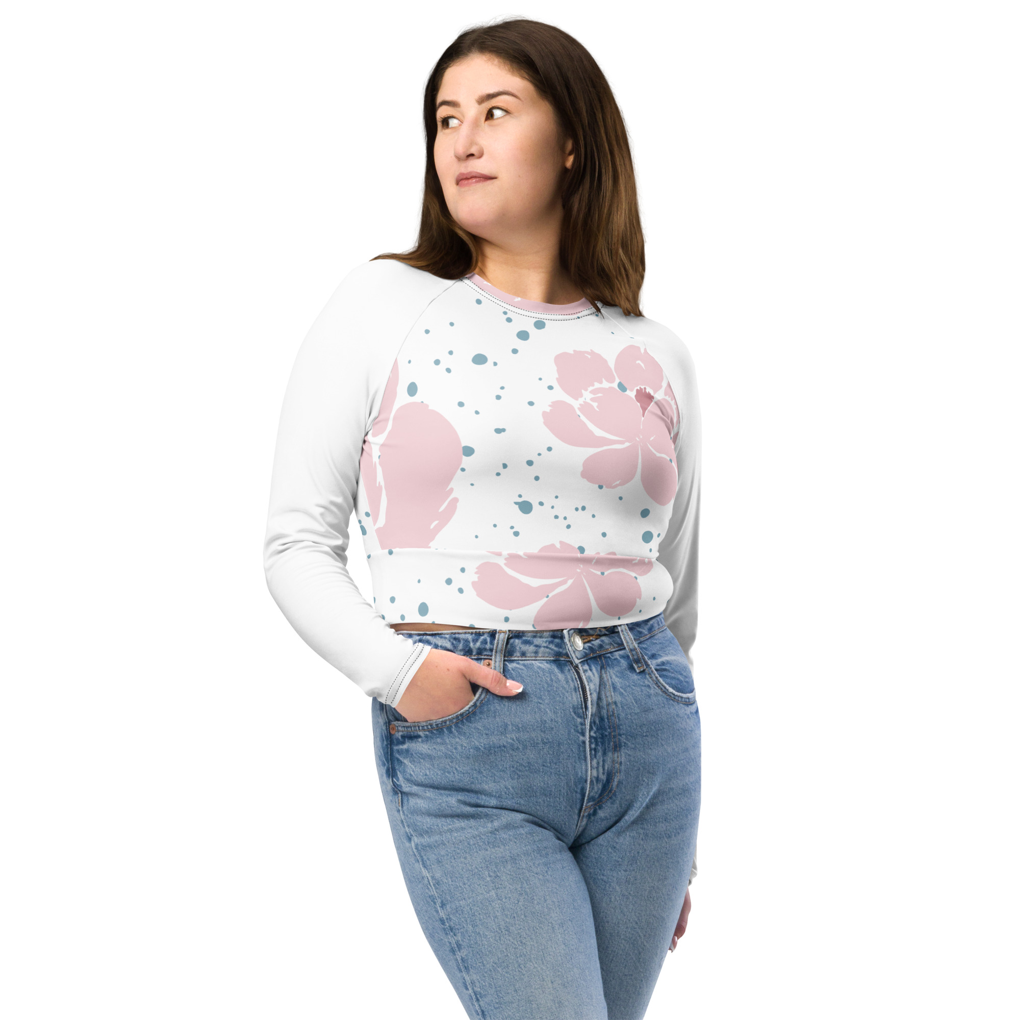 Pink White Floral Crop Top Long Sleeves - Image 6