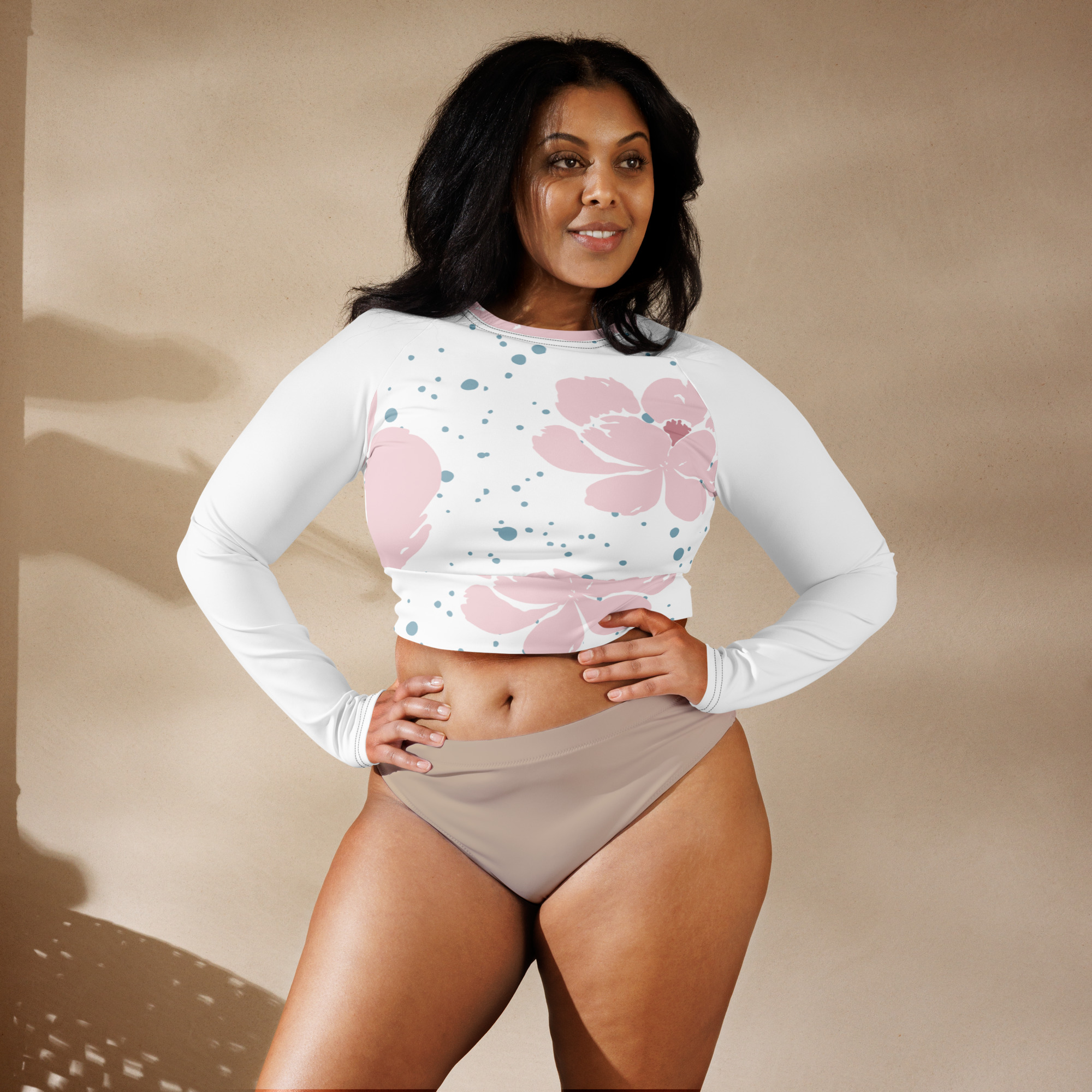 Pink White Floral Crop Top Long Sleeves - Image 8