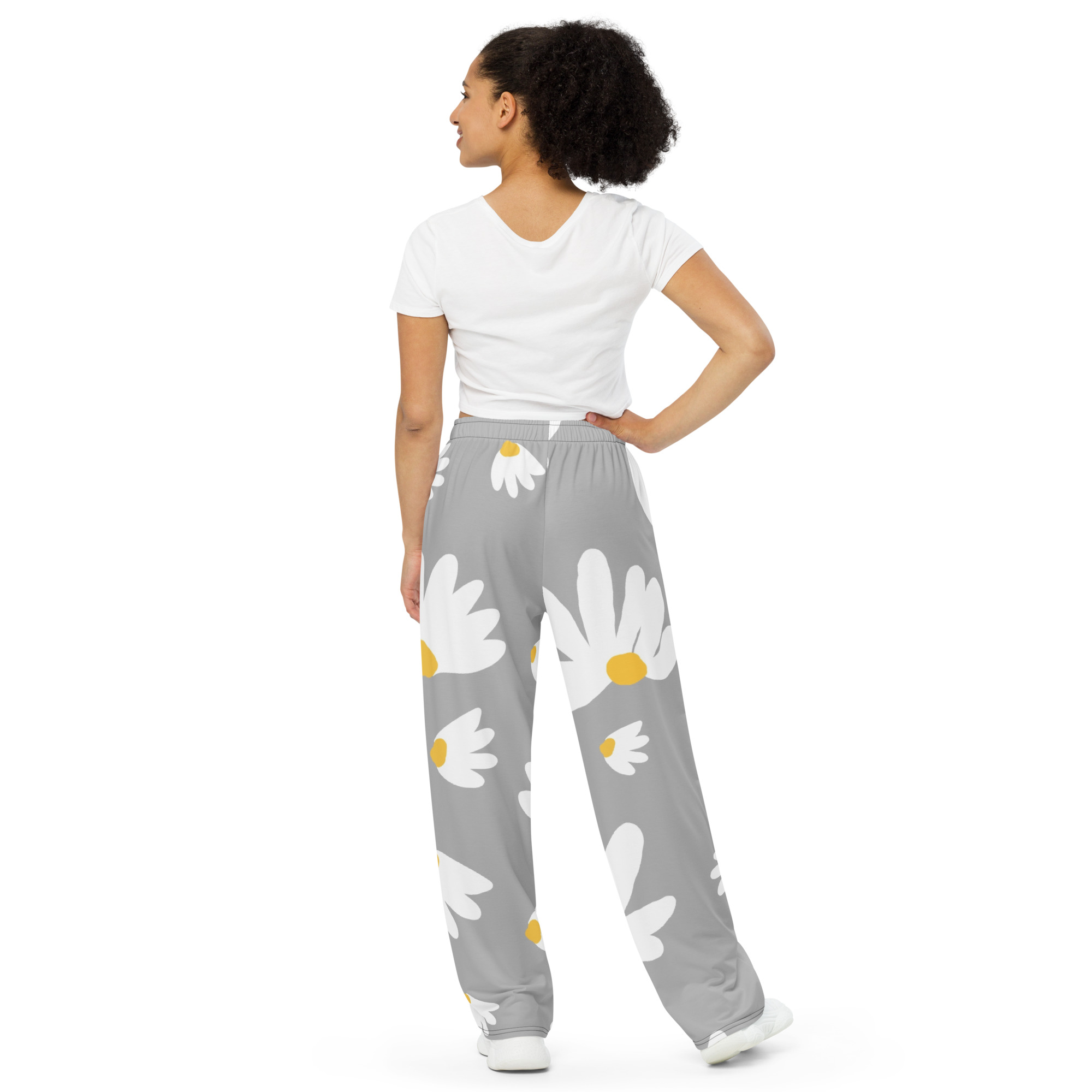 Grey White Floral Wide Leg Pants - Image 2