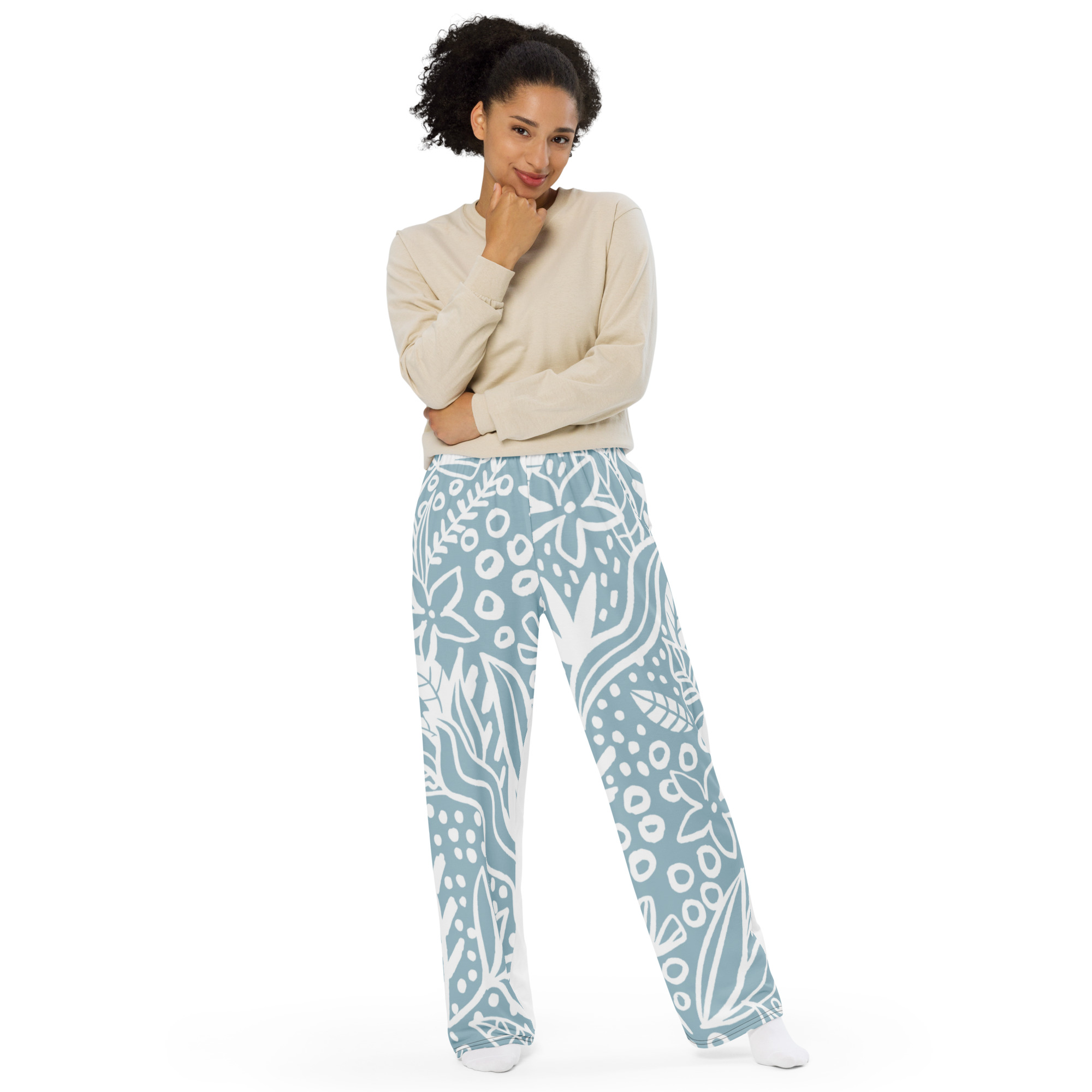 Blue White Leaf Print Leggings - Image 7