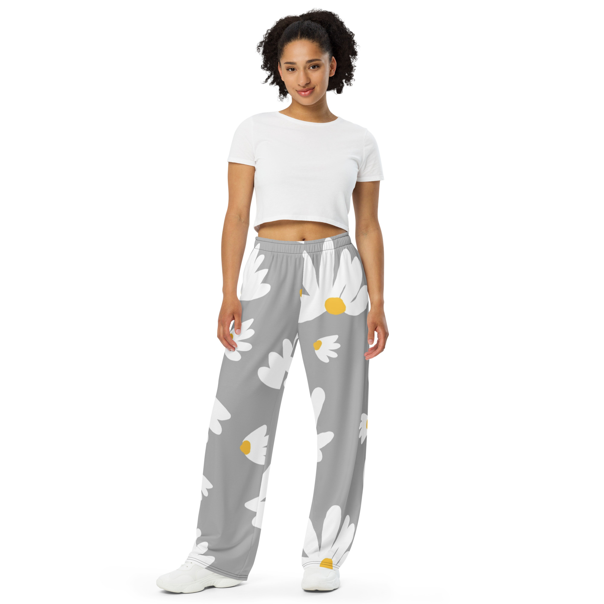 Grey White Floral Wide Leg Pants