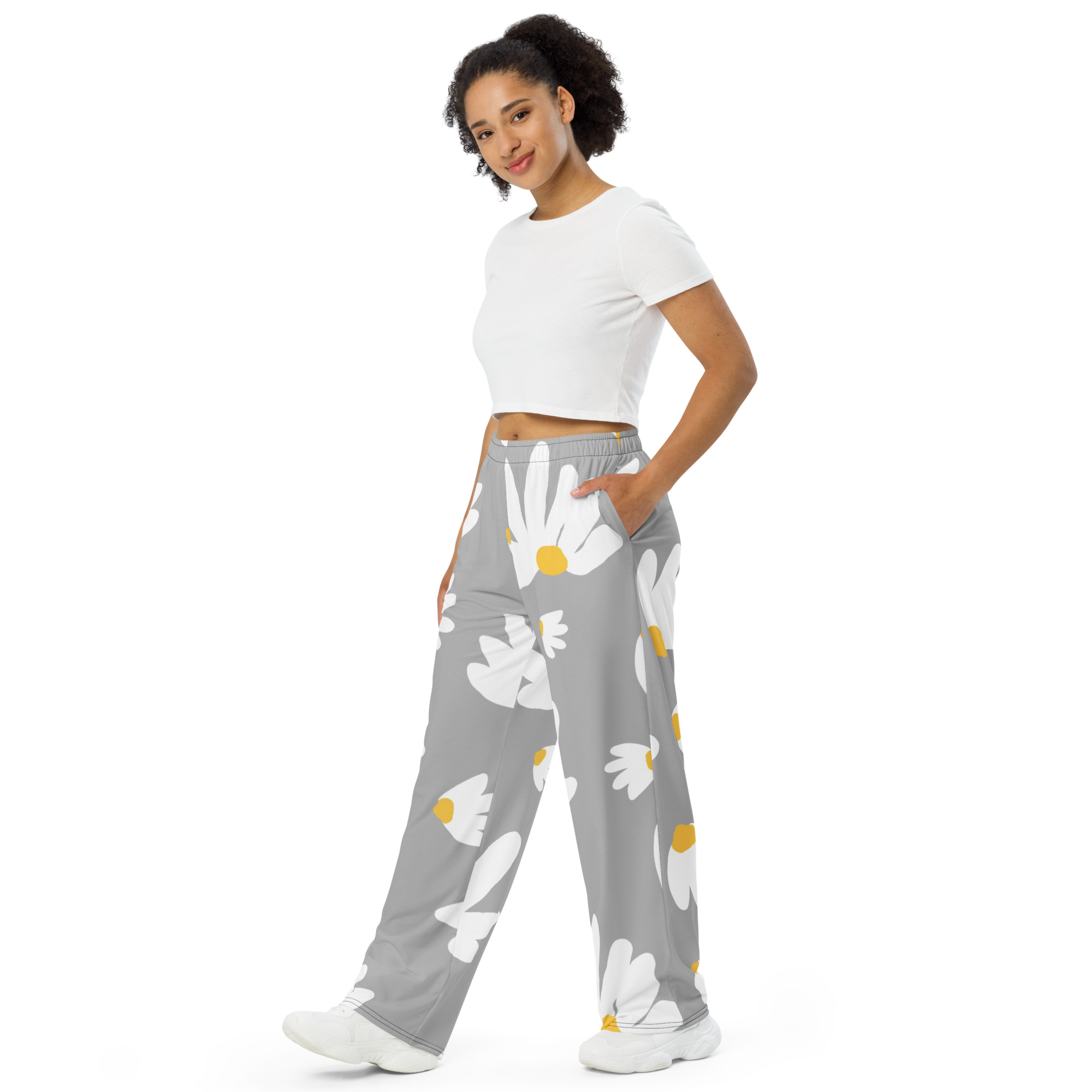 Grey White Floral Wide Leg Pants - Image 3